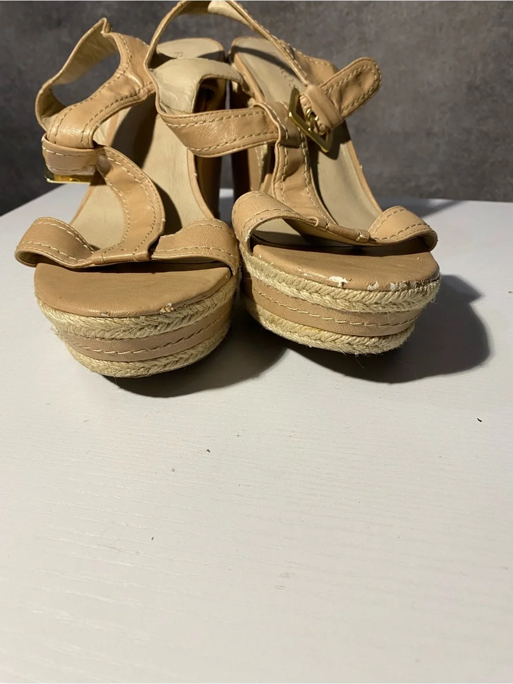 Franco Sarto Women's Wedge Sandals Size 10M Beige Tan Strappy Espadrille Flaws